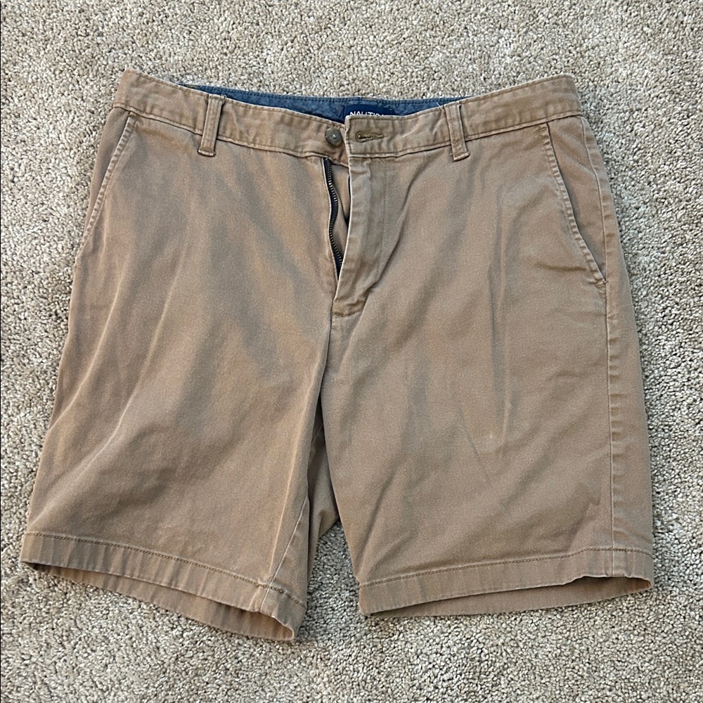 Nautica Mens 32W Tan Khaki Flat Front Deck Shorts